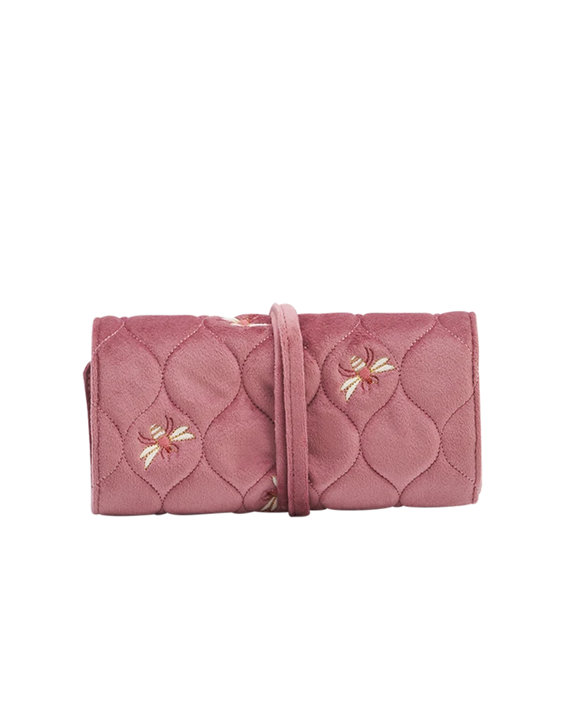 Quilted Bee Embroidered Jewellery Roll In Rose Pink Velvet
