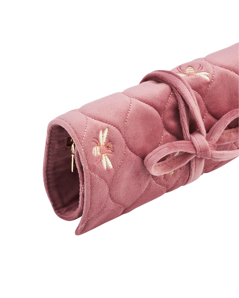 Quilted Bee Embroidered Jewellery Roll In Rose Pink Velvet
