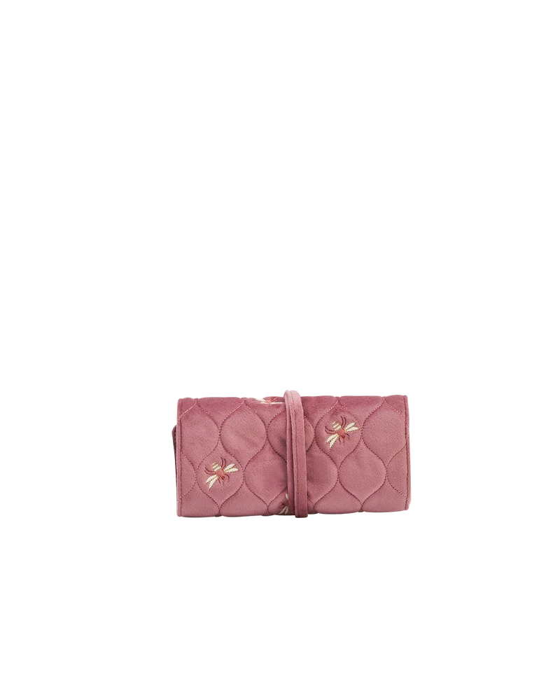 Quilted Bee Embroidered Jewellery Roll In Rose Pink Velvet