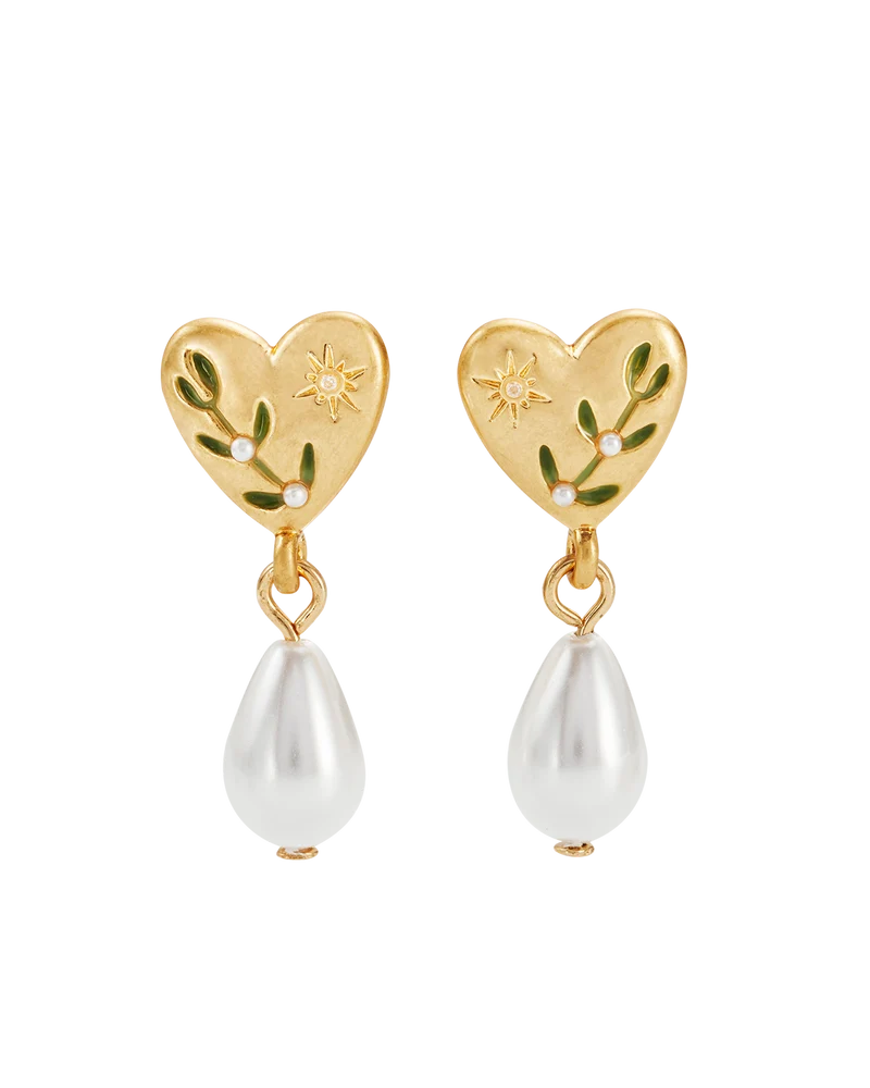 Niva Mistletoe & Pearl Earrings in Gold