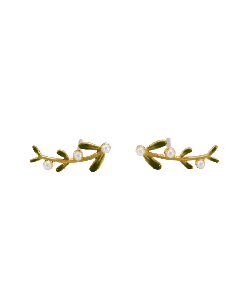 Niva Mistletoe & Pearl Climber Earrings in Gold