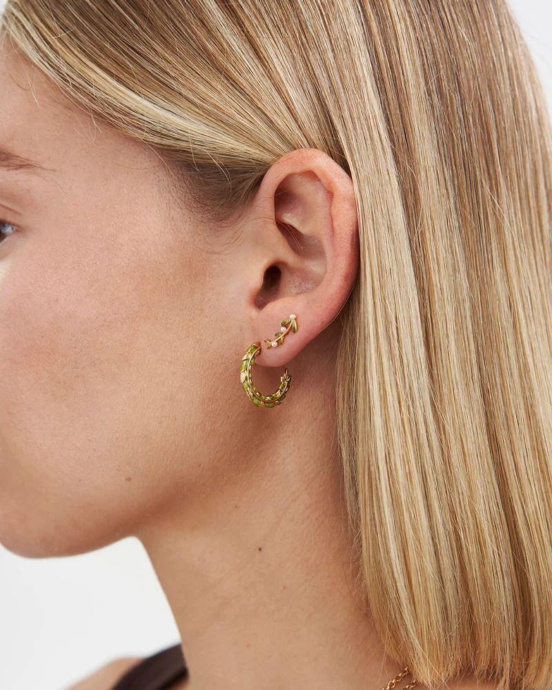 Niva Mistletoe & Pearl Climber Earrings in Gold