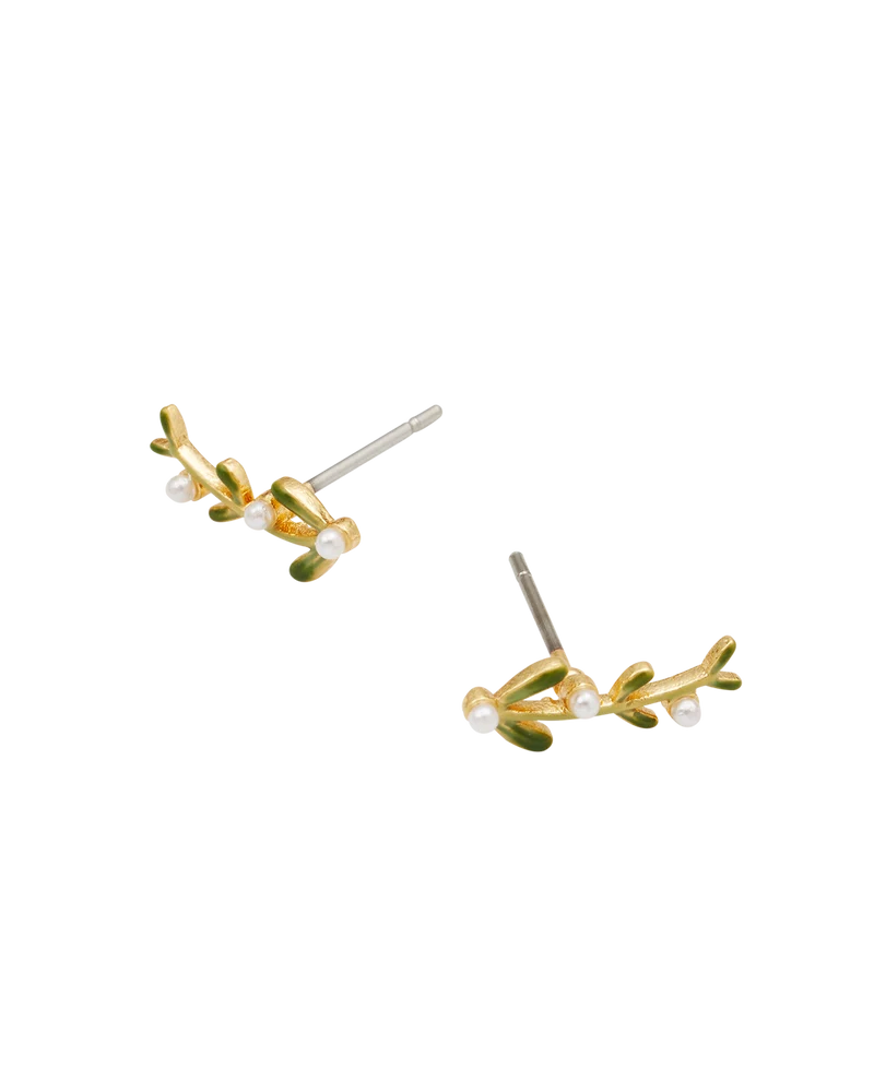 Niva Mistletoe & Pearl Climber Earrings in Gold
