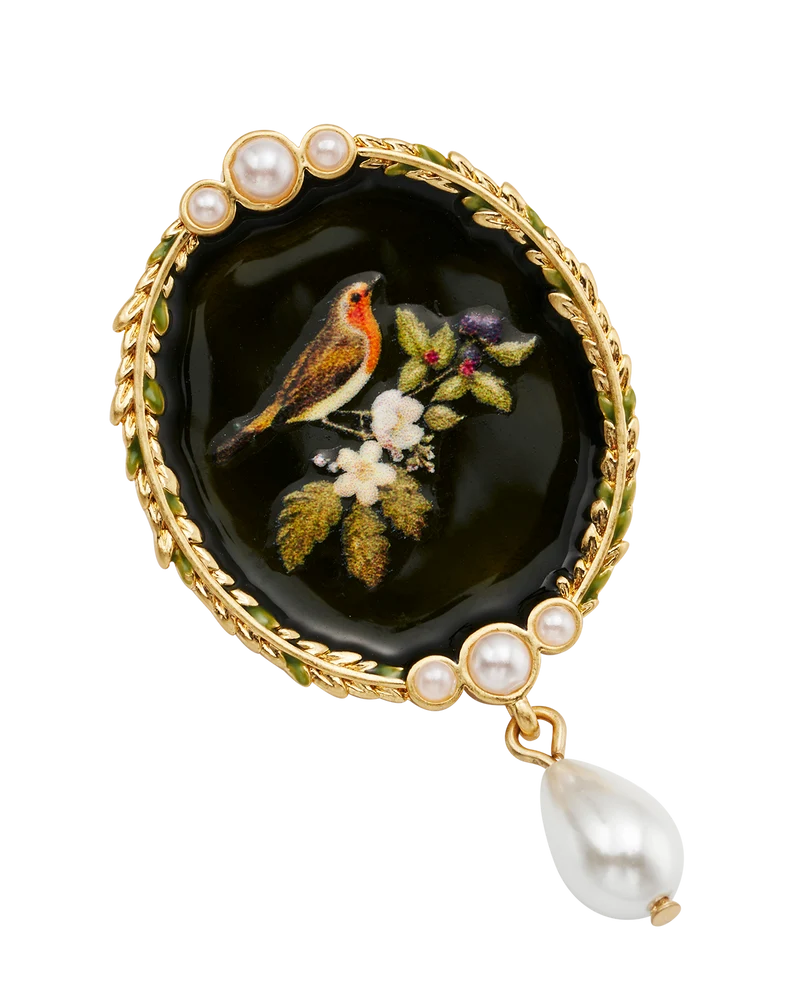 Robin Bramble & Pearl Brooch in Gold