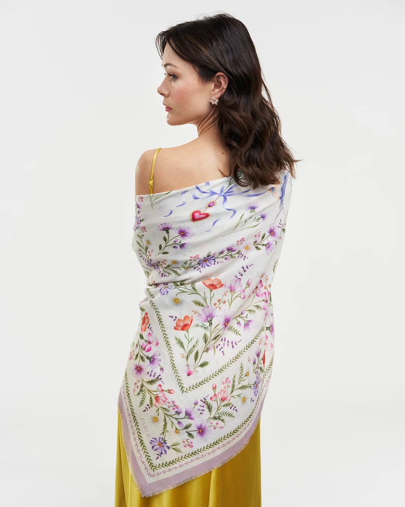 Forget Me Not Narrative Square Scarf in Cream