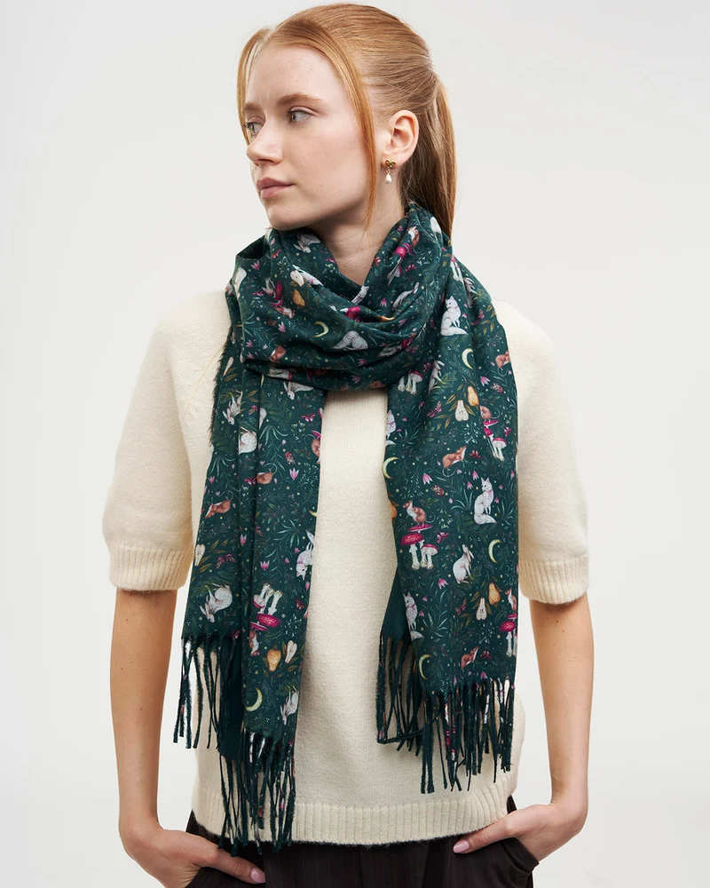 Niva Long Fringed Scarf in Forest Green