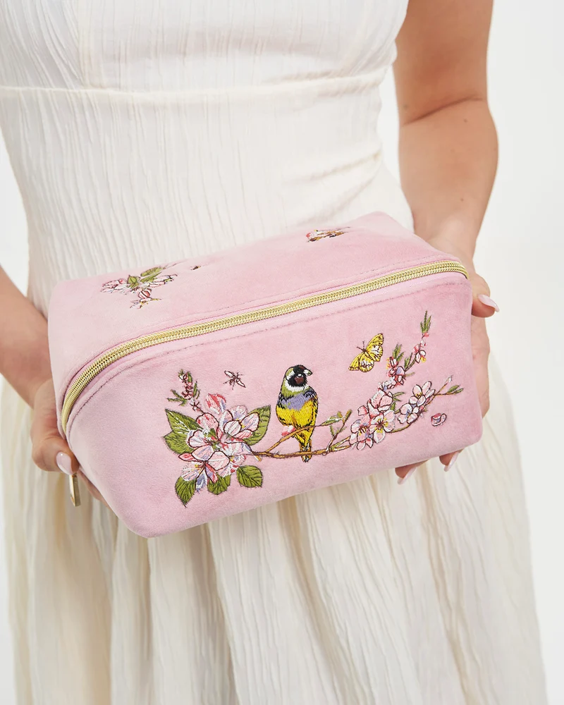 Pink Love Velvet Embroidered Cosmetic Pouch