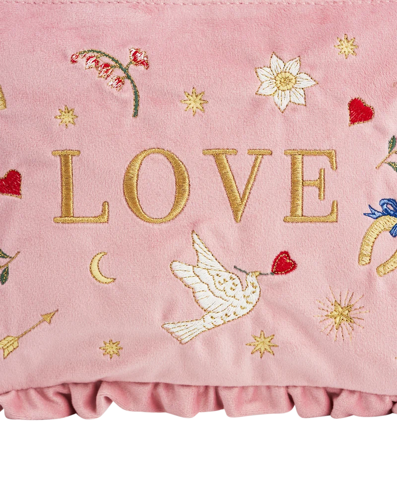 Pink Love Velvet Embroidered Pouch