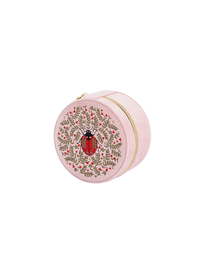 Pink Ladybird Velvet Embroidered Circle Jewellery Box