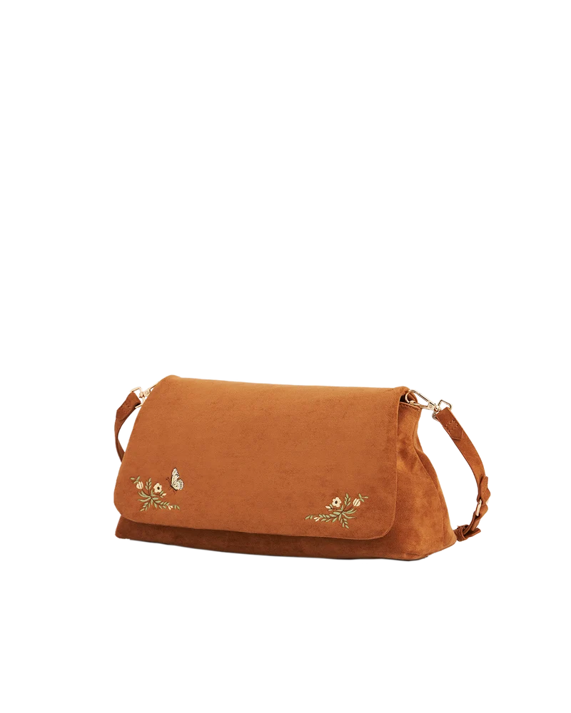Tan Floral Embroidered Shoulder Bag