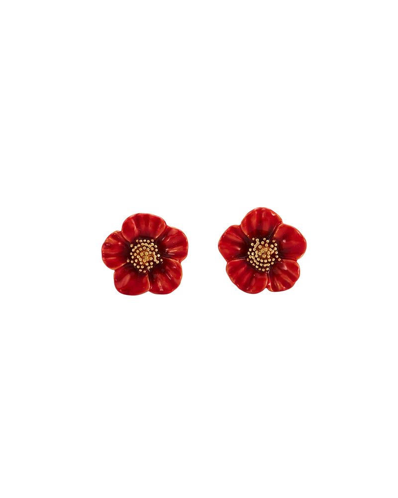 Red Blossom Stud Earrings in Gold