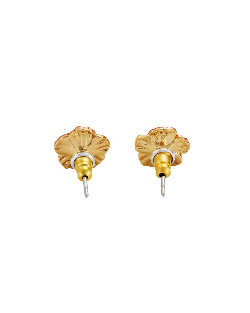 Red Blossom Stud Earrings in Gold