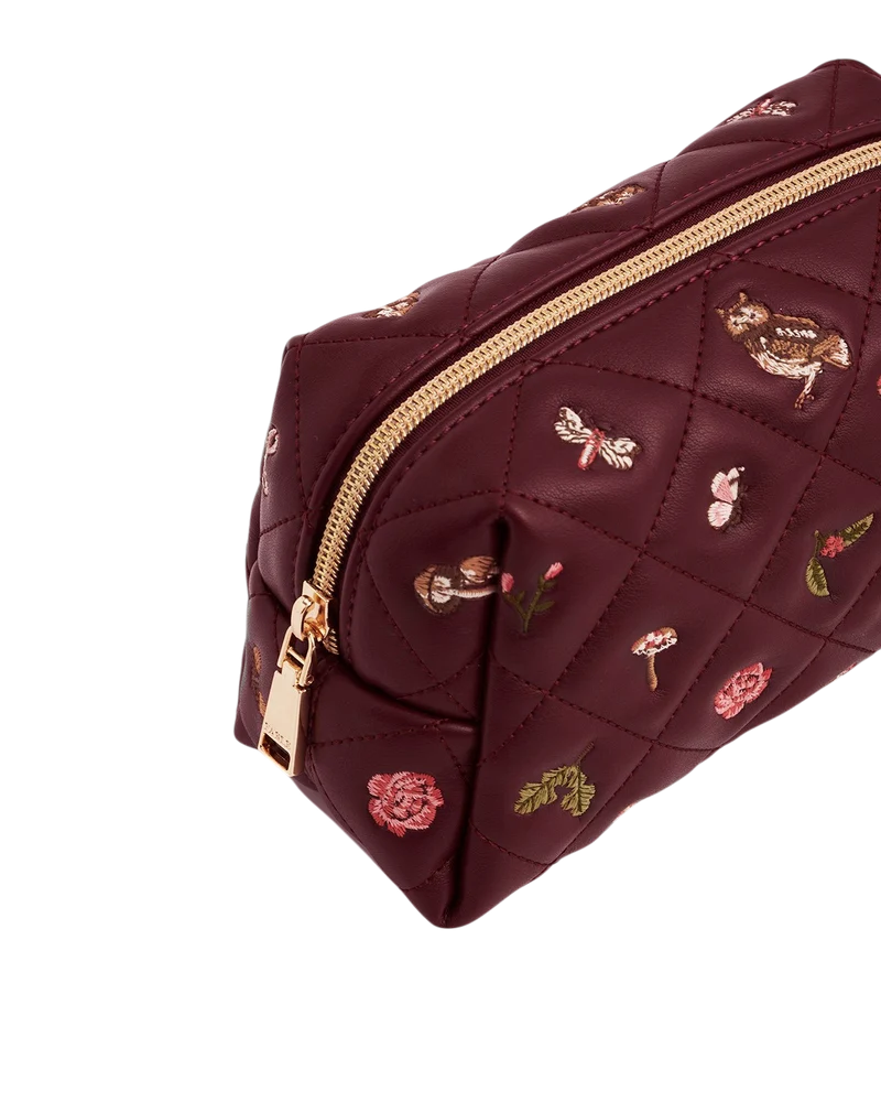 Embroidered Quilted Medium Pouch in Burgundy