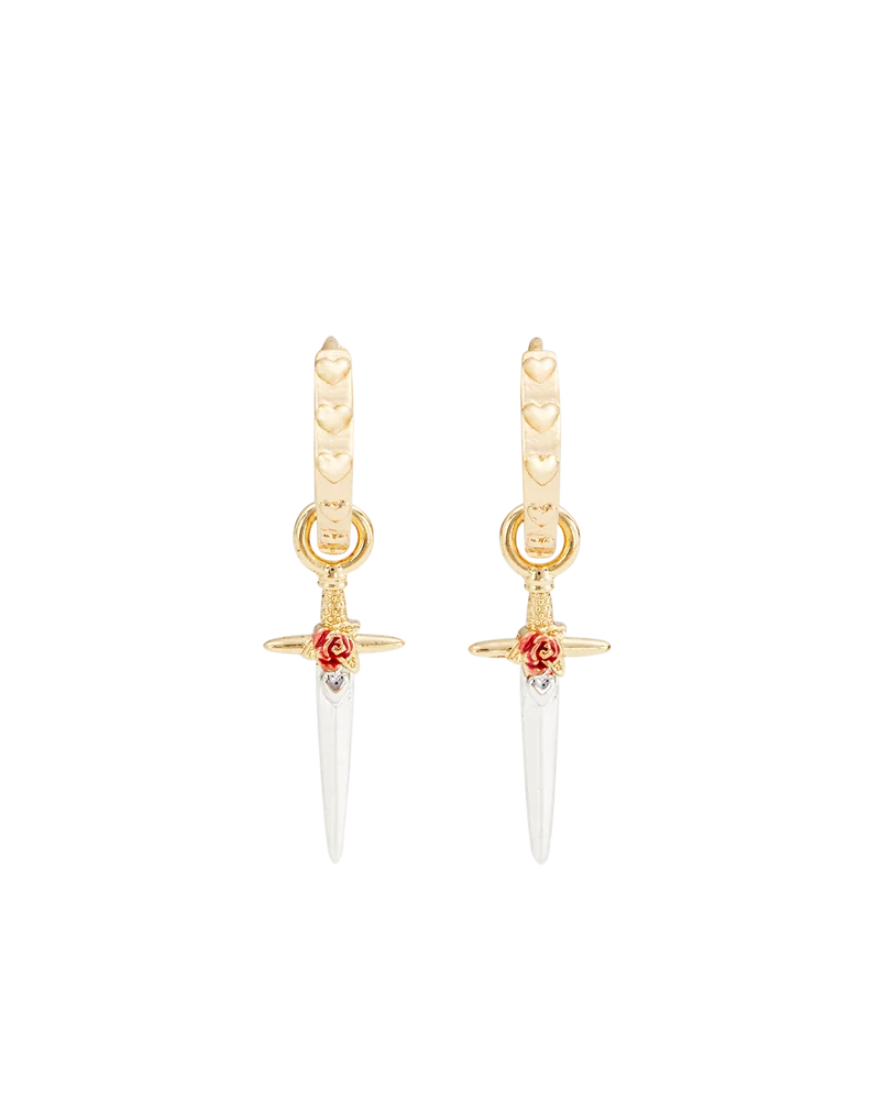 Gold Rose & Dagger Huggie Earrings