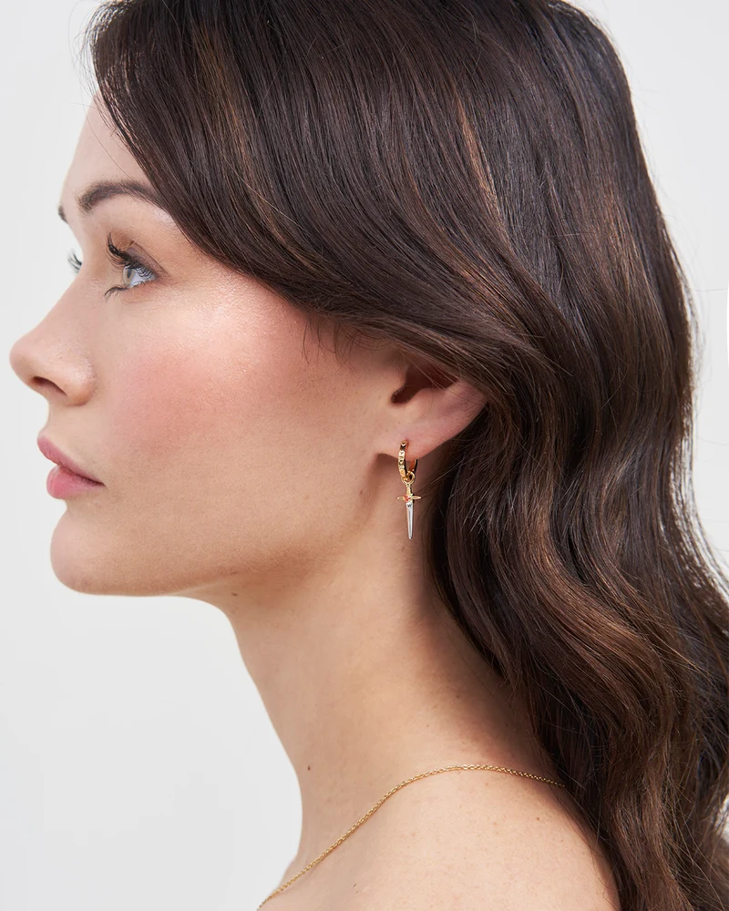 Gold Rose & Dagger Huggie Earrings