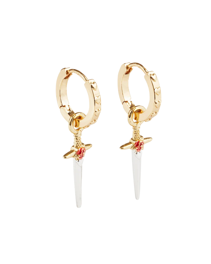 Gold Rose & Dagger Huggie Earrings