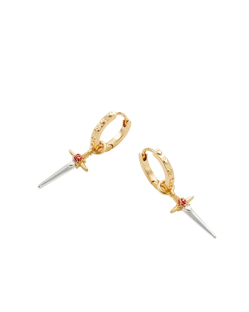 Gold Rose & Dagger Huggie Earrings