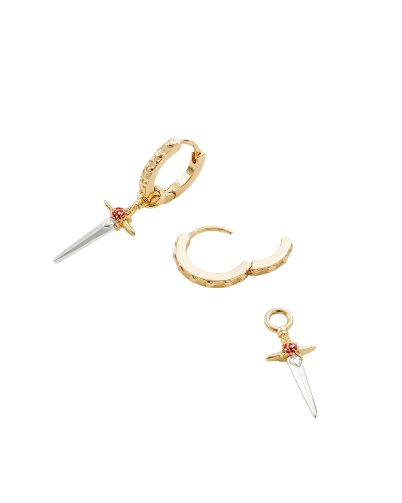 Gold Rose & Dagger Huggie Earrings