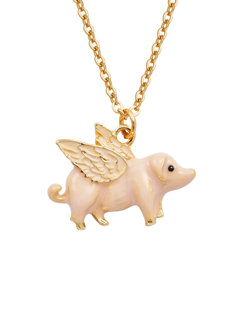 Gold Flying Pig Enamel Necklace