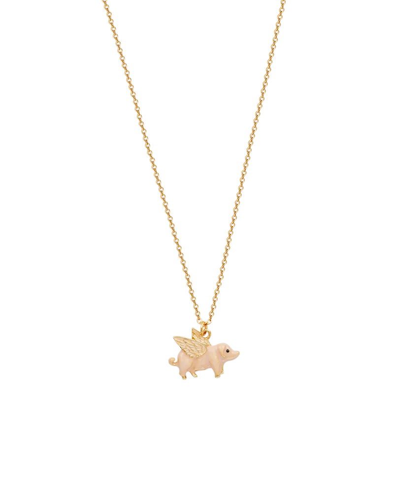 Gold Flying Pig Enamel Necklace