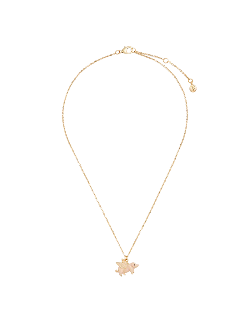 Gold Flying Pig Enamel Necklace