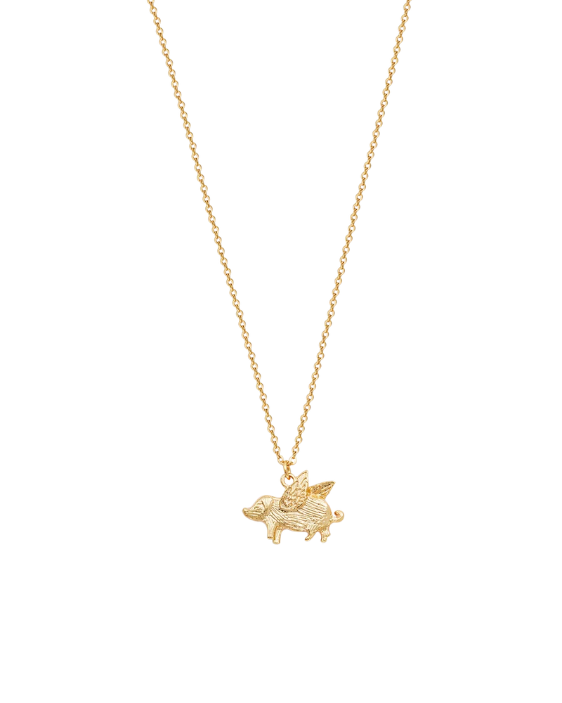 Gold Flying Pig Enamel Necklace