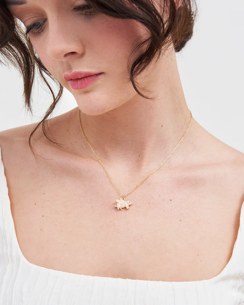 Gold Flying Pig Enamel Necklace