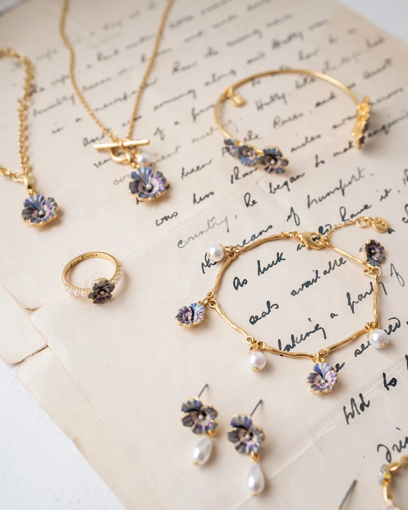 Gold Pansy & Pearl Drop Stud Earrings