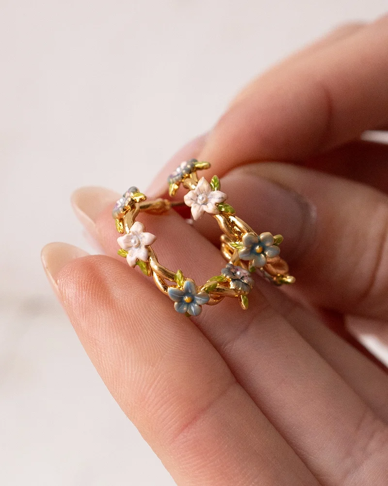 Gold Wildflower Hoop Earrings & Pansy Pearl Bangle Set
