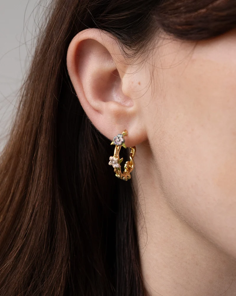 Gold Wildflower Hoop Earrings & Pansy Pearl Bangle Set