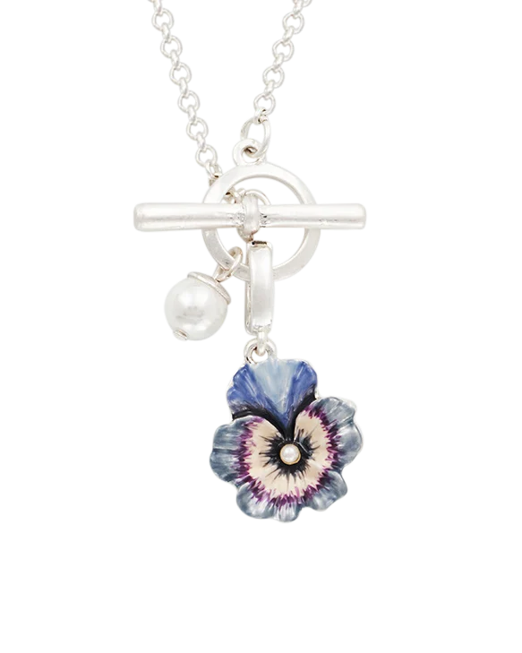 Silver Pansy & Pearl Toggle Necklace