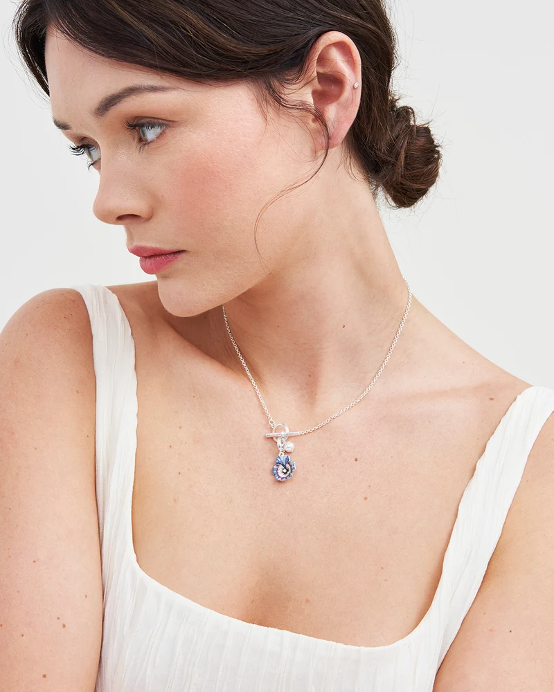 Silver Pansy & Pearl Toggle Necklace
