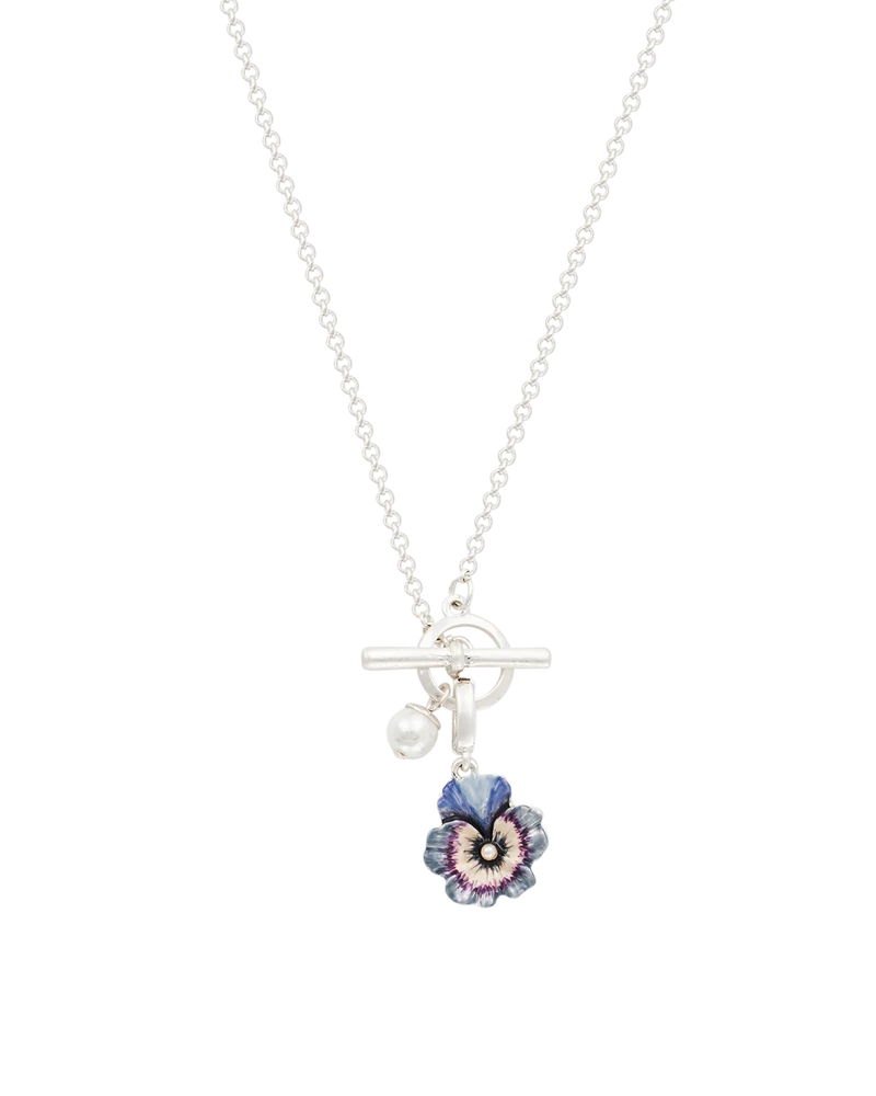 Silver Pansy & Pearl Toggle Necklace