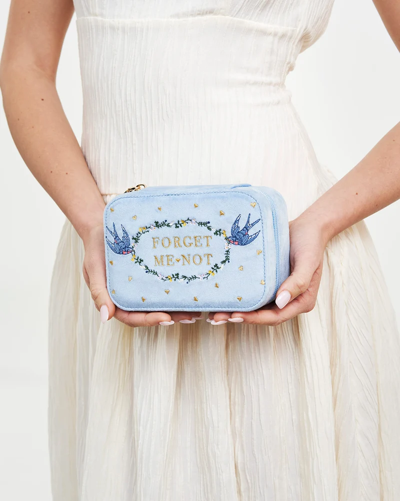 Blue Forget Me Not Velvet Embroidered Jewellery Box Large