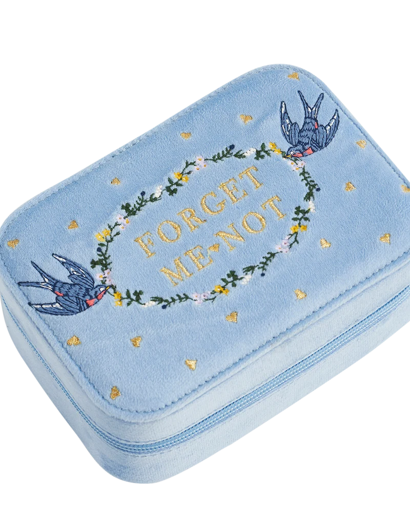 Blue Forget Me Not Velvet Embroidered Jewellery Box Large