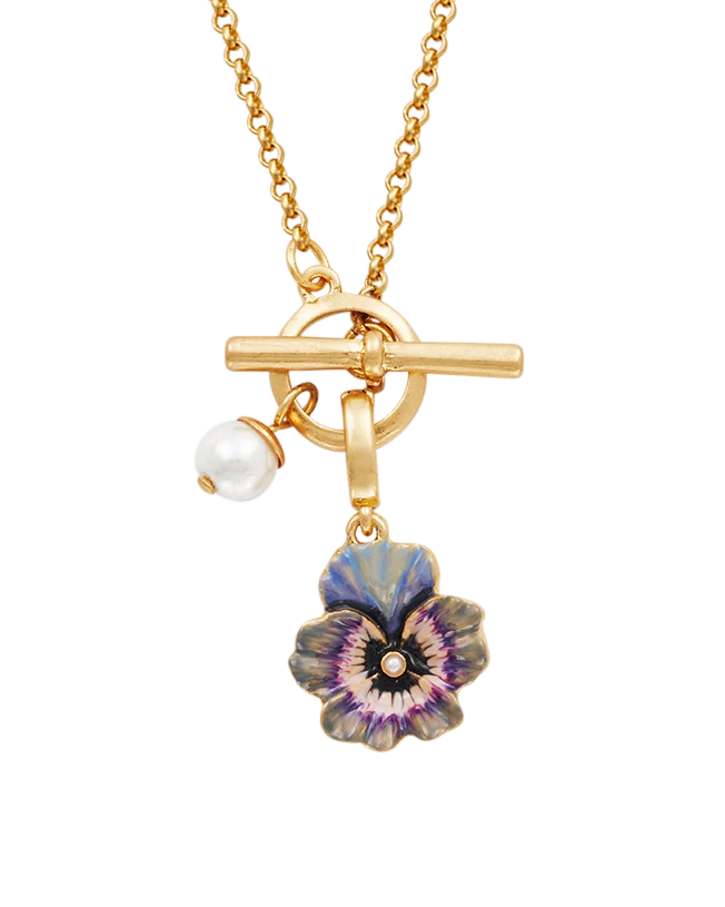Gold Pansy & Pearl Toggle Necklace & Charm Bracelet Set
