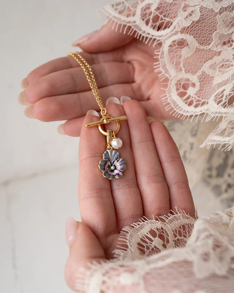 Gold Pansy & Pearl Toggle Necklace