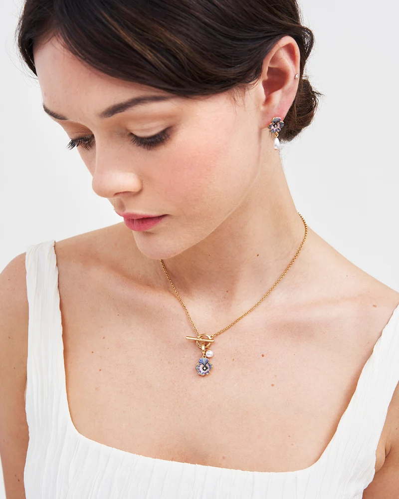 Gold Pansy & Pearl Toggle Necklace & Charm Bracelet Set