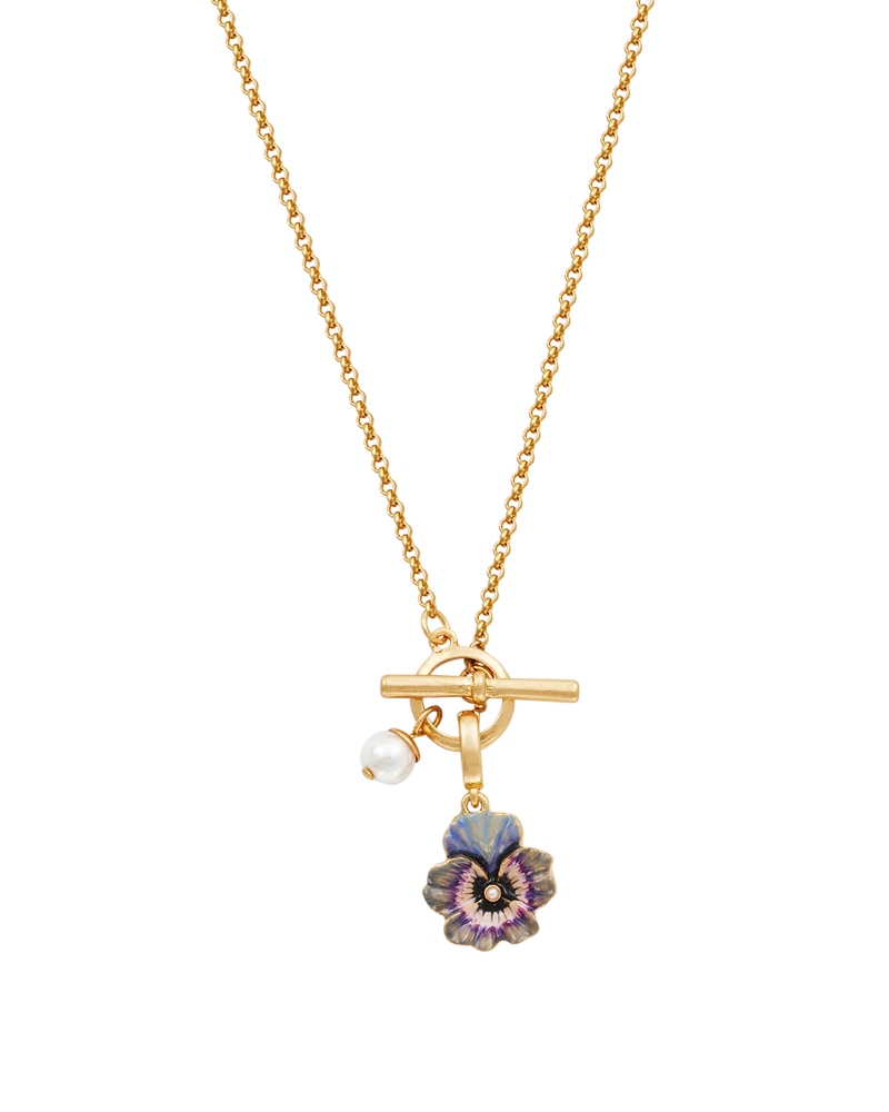 Gold Pansy & Pearl Toggle Necklace & Charm Bracelet Set