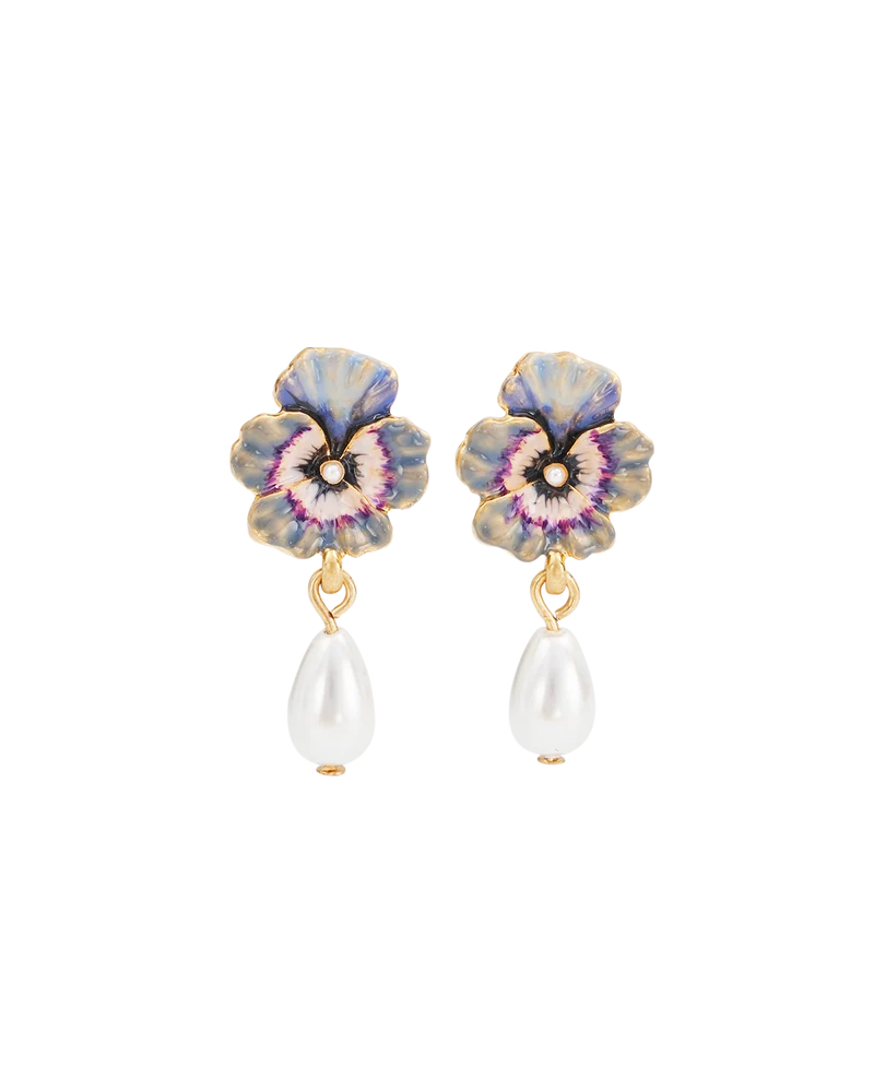 Gold Pansy & Pearl Drop Stud Earrings