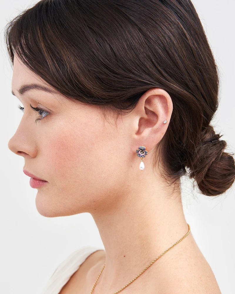 Gold Pansy & Pearl Drop Stud Earrings