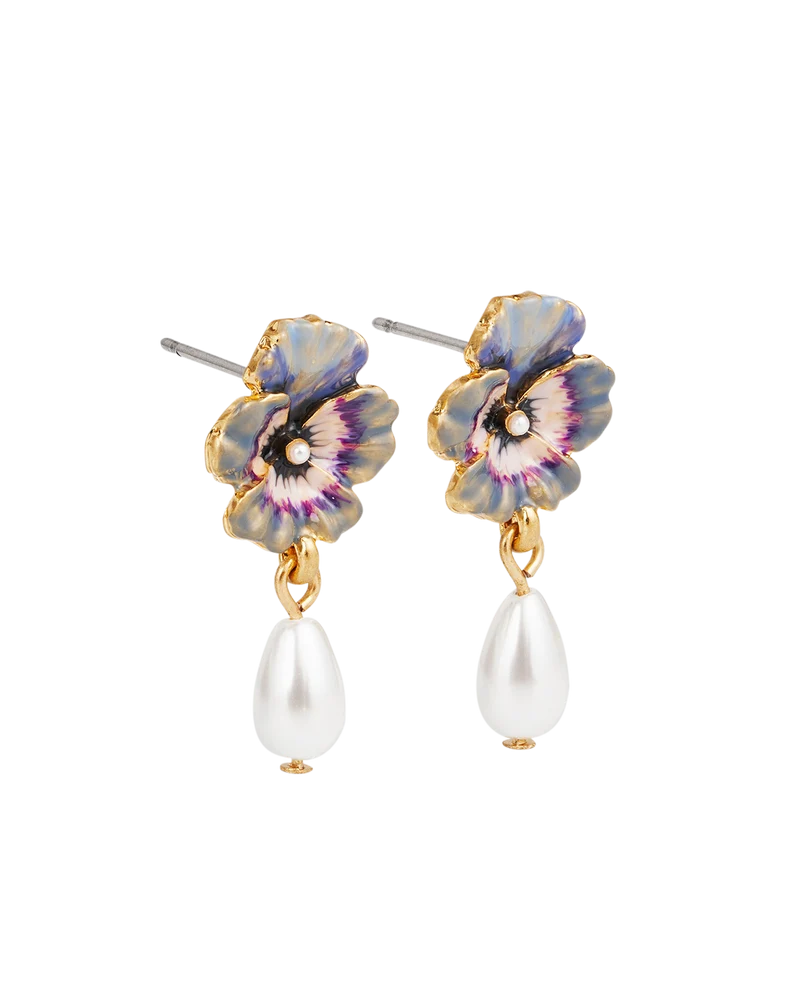 Gold Pansy & Pearl Drop Stud Earrings