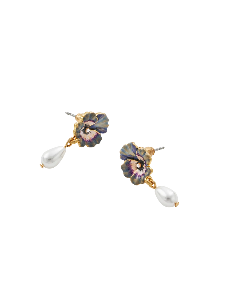 Gold Pansy & Pearl Drop Stud Earrings