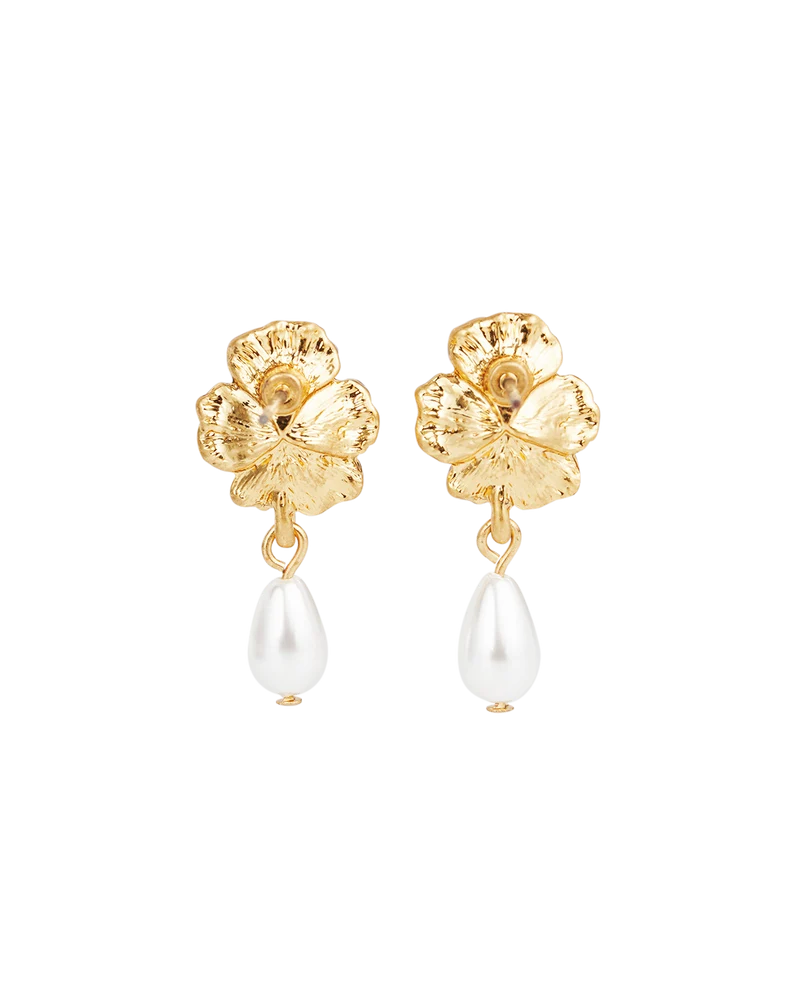 Gold Pansy & Pearl Drop Stud Earrings