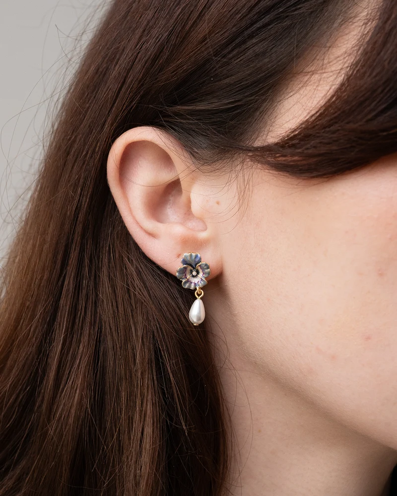 Gold Pansy & Pearl Drop Stud Earrings