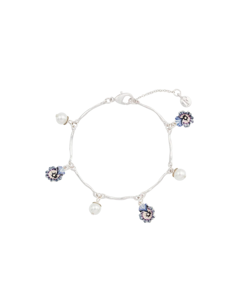 Silver Pansy & Pearl Charm Bracelet