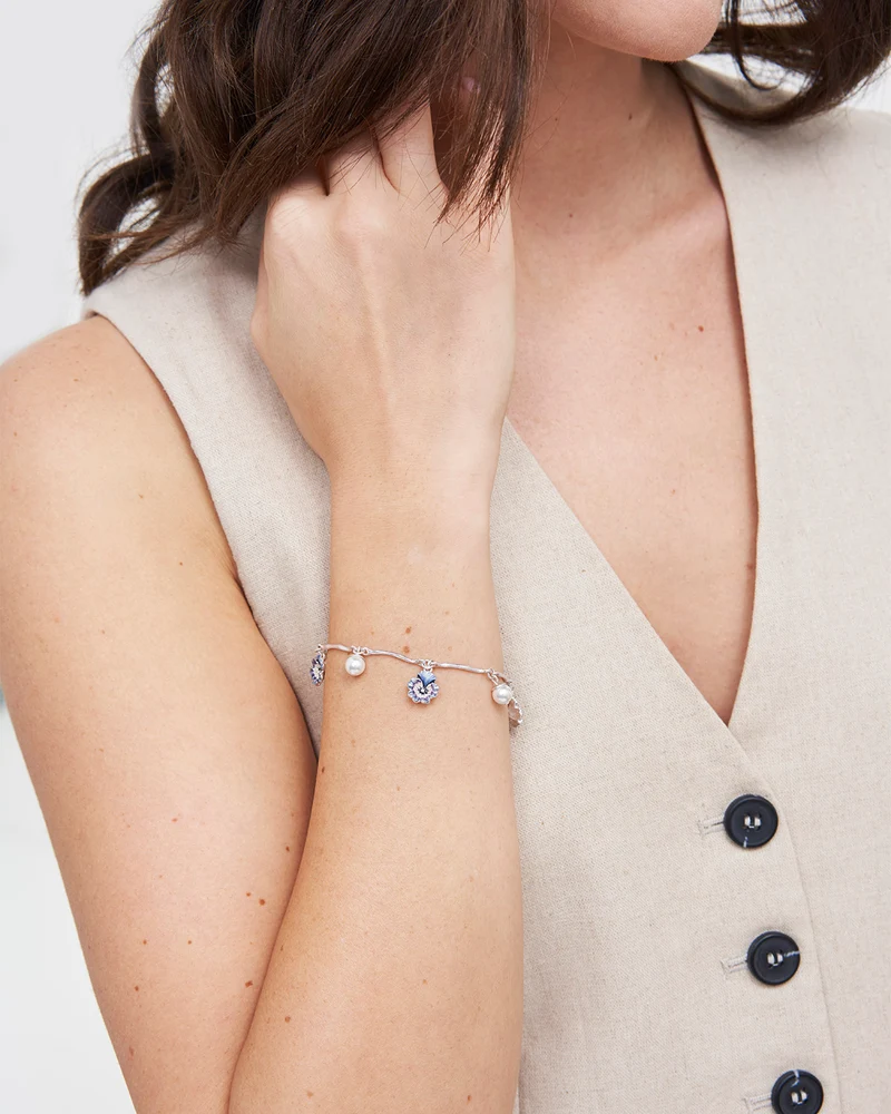 Silver Pansy & Pearl Charm Bracelet