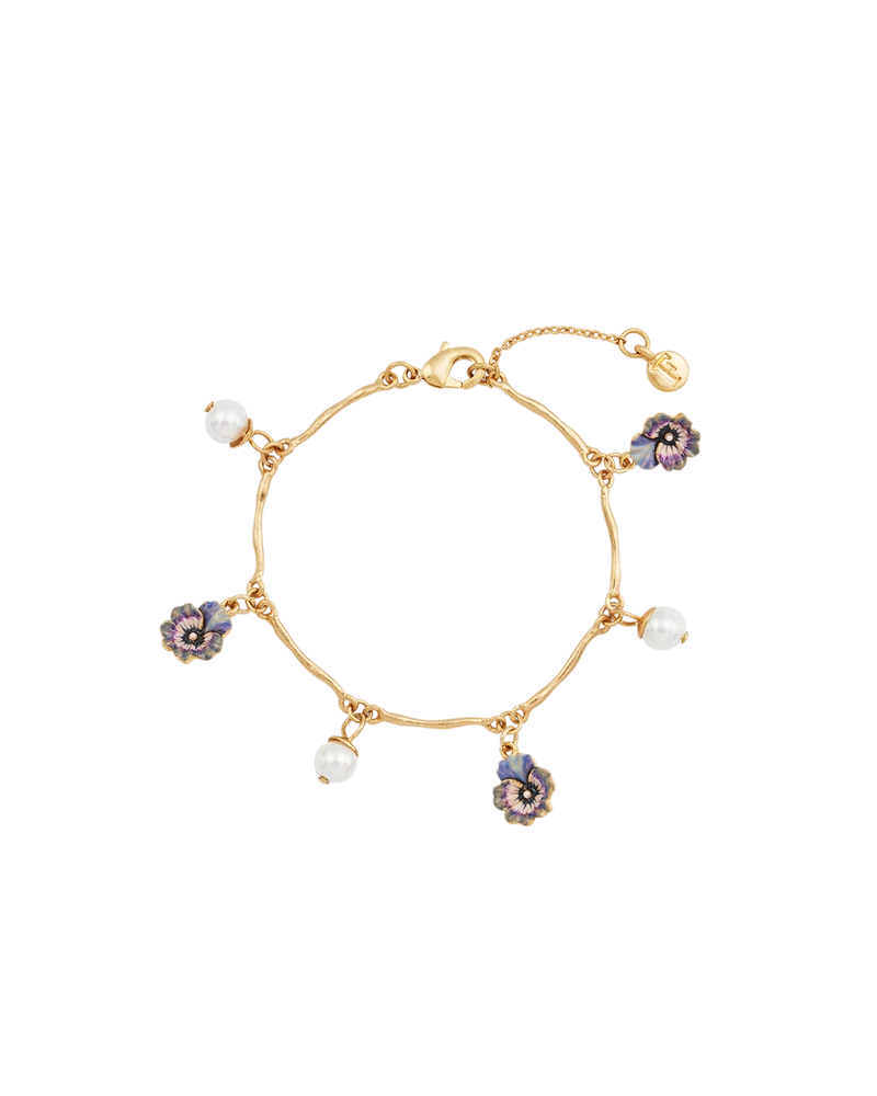 Gold Pansy & Pearl Toggle Necklace & Charm Bracelet Set