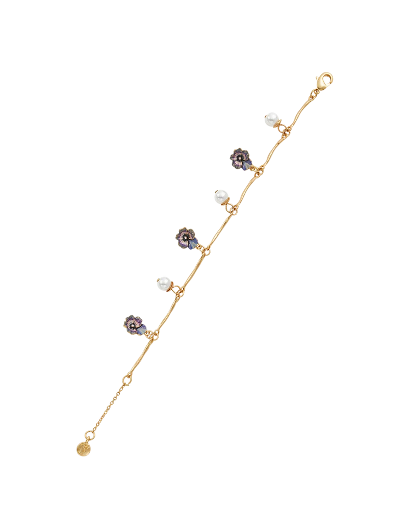 Gold Pansy & Pearl Toggle Necklace & Charm Bracelet Set