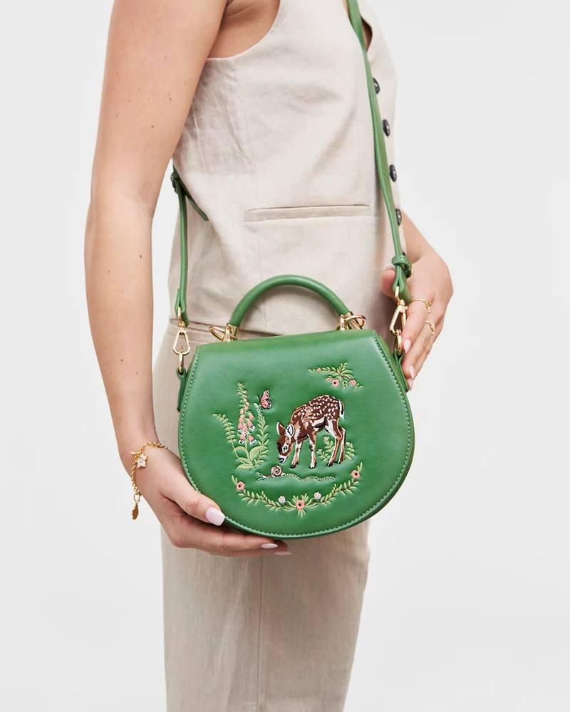 Green Fawn & Snail Embroidered Top Handle Saddle Bag